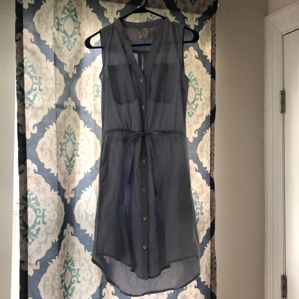 Small blue and white pinstripe dress high low hem